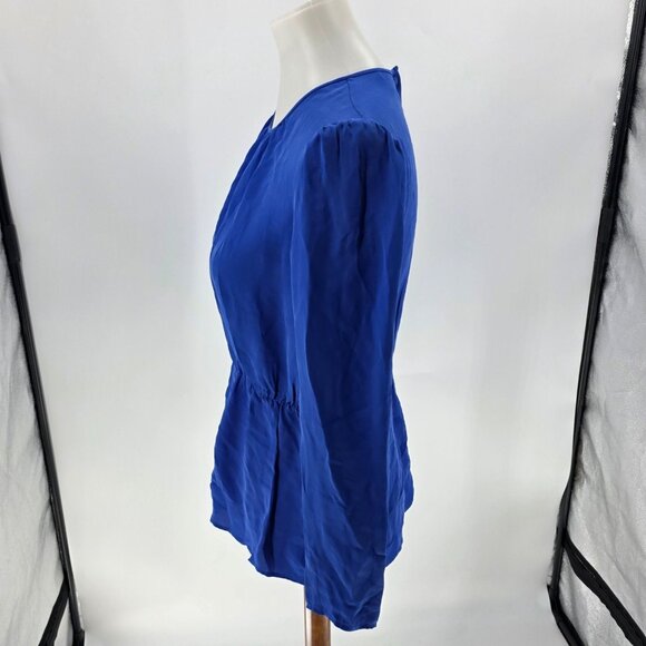 Theory Womens Silk Peplum Blouse Medium, Blue Long Sleeve With Back Buttons - Picture 2 of 8